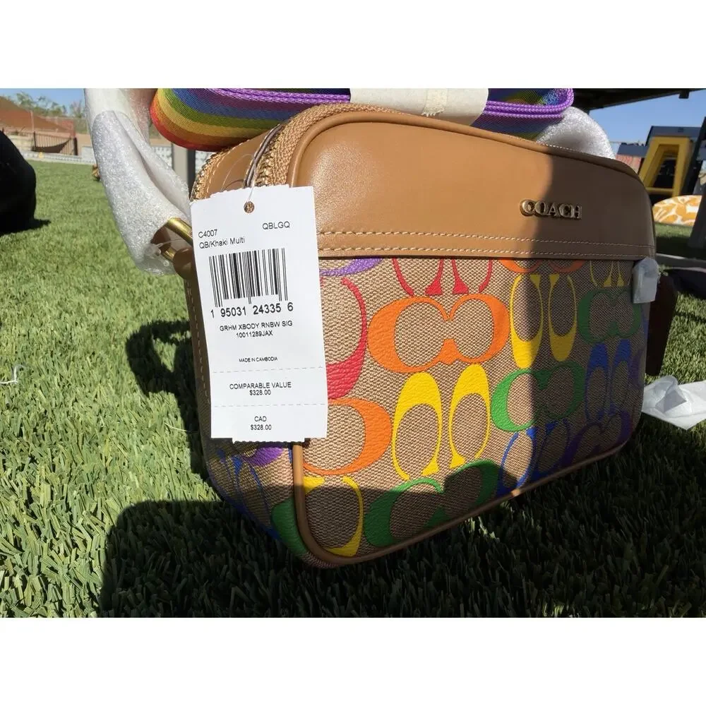 NEW! Coach Graham Crossbody‎ Bag Signature Beige Canvas Rainbow C4007
